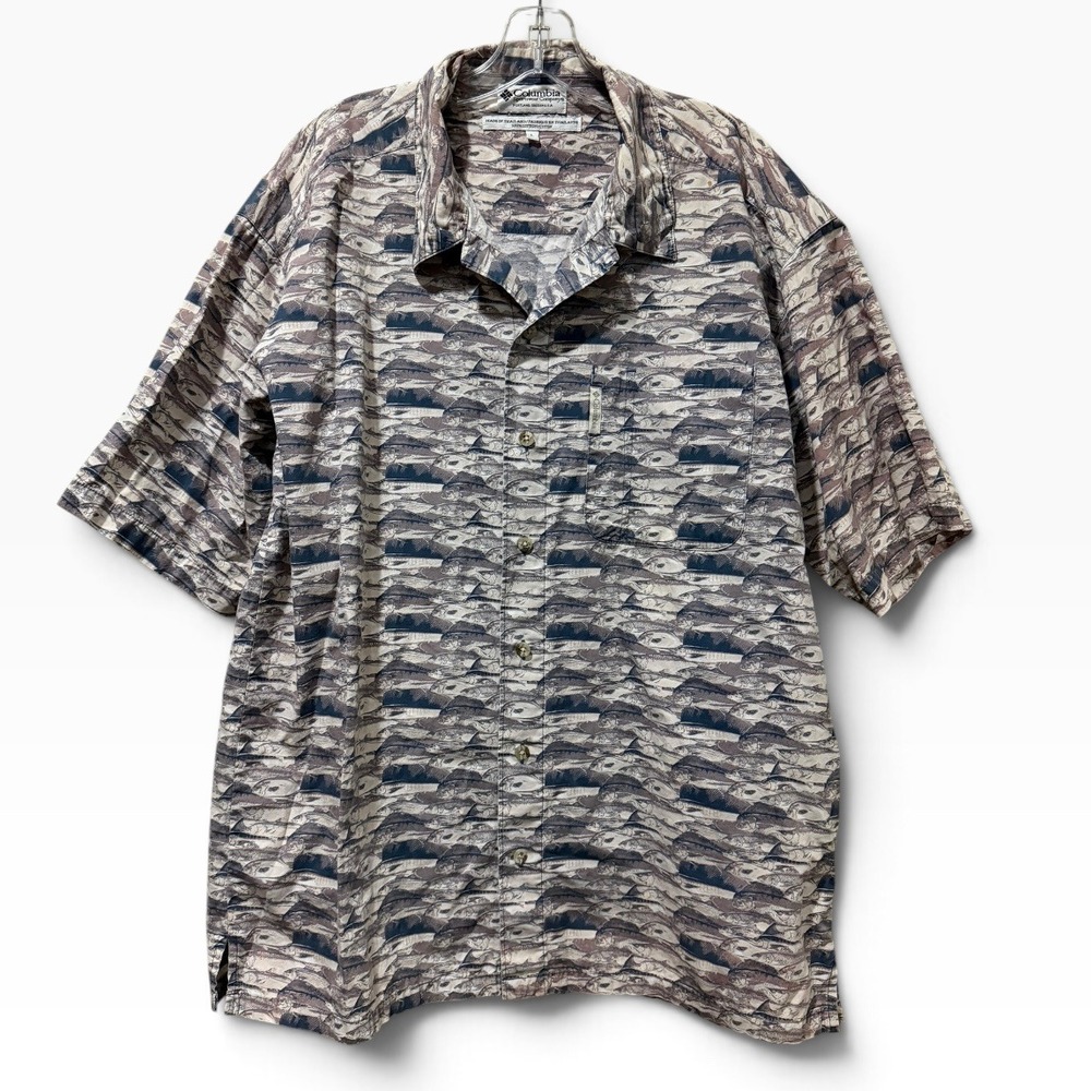Columbia Mens Fish Print Short Sleeve Button Down Shirt Brown Cotton Large
